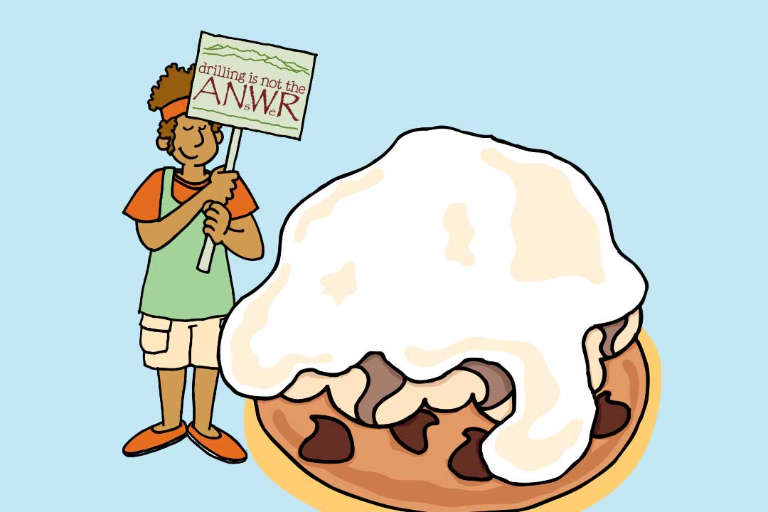 Een vrouw houdt een bord vast met daarop ‘Drilling is Not the ANsWer’ naast een stuk Baked Alaska 